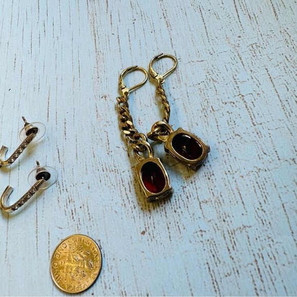 Silver Blue Crystal and Gold Red Crystal Dangle Earrings - Picture 2 of 3